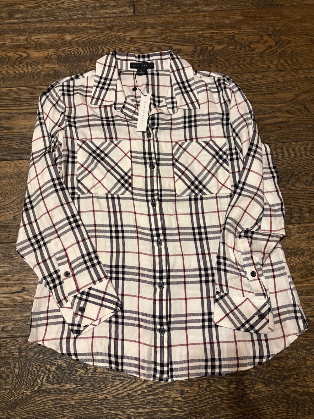 Sanctuary White Plaid Button-Down Shirt with Black & Burgundy Lines